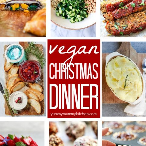 A collage of Vegan Christmas dinner recipes.
