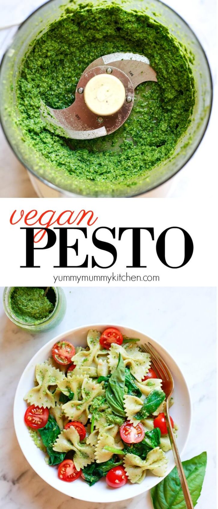  A food processor is filled with bright green fresh basil pesto and a white bowl is filled with pesto pasta with spinach and cherry tomatoes. How to make the best easy vegan pesto with fresh basil. This vegan pesto recipe is perfect for vegan pesto pasta, pizza, and more.