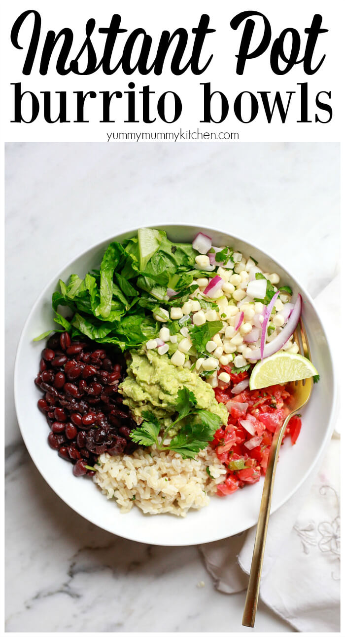 Instant Pot burrito bowl made with black beans, brown rice, corn salsa, romaine, and guacamole. This Chipotle burrito bowl recipe make a delicious health vegetarian, vegan, gluten free dinner or meal prep option.