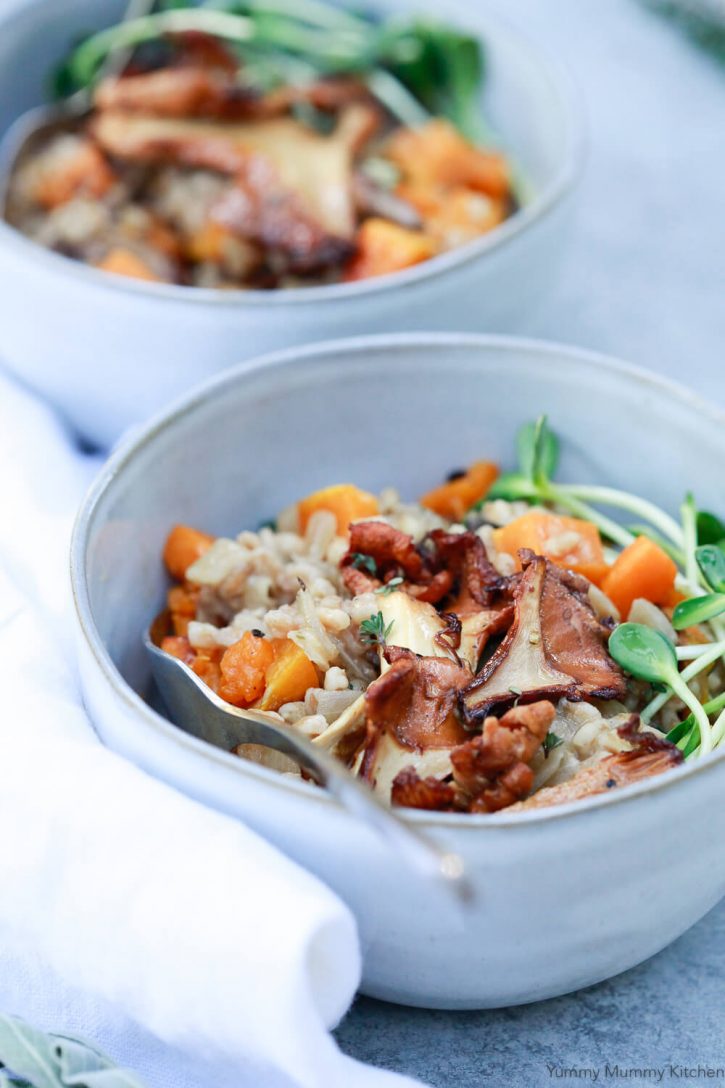 Close-up photography of a bowl of farrotto (farro risotto) with mushrooms and butternut squash. 