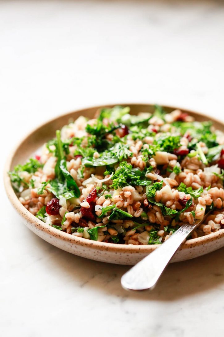 Warm farro grain salad with spinach, cranberries, nuts, and herbs on a speckled ceramic plate. 