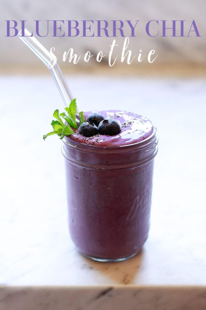 A beautiful blueberry smoothie with chia seeds in a mason jar. This healthy blueberry banana smoothie with almond milk and peanut butter is so delicious and easy to make. The best chia seed smoothie recipe! 