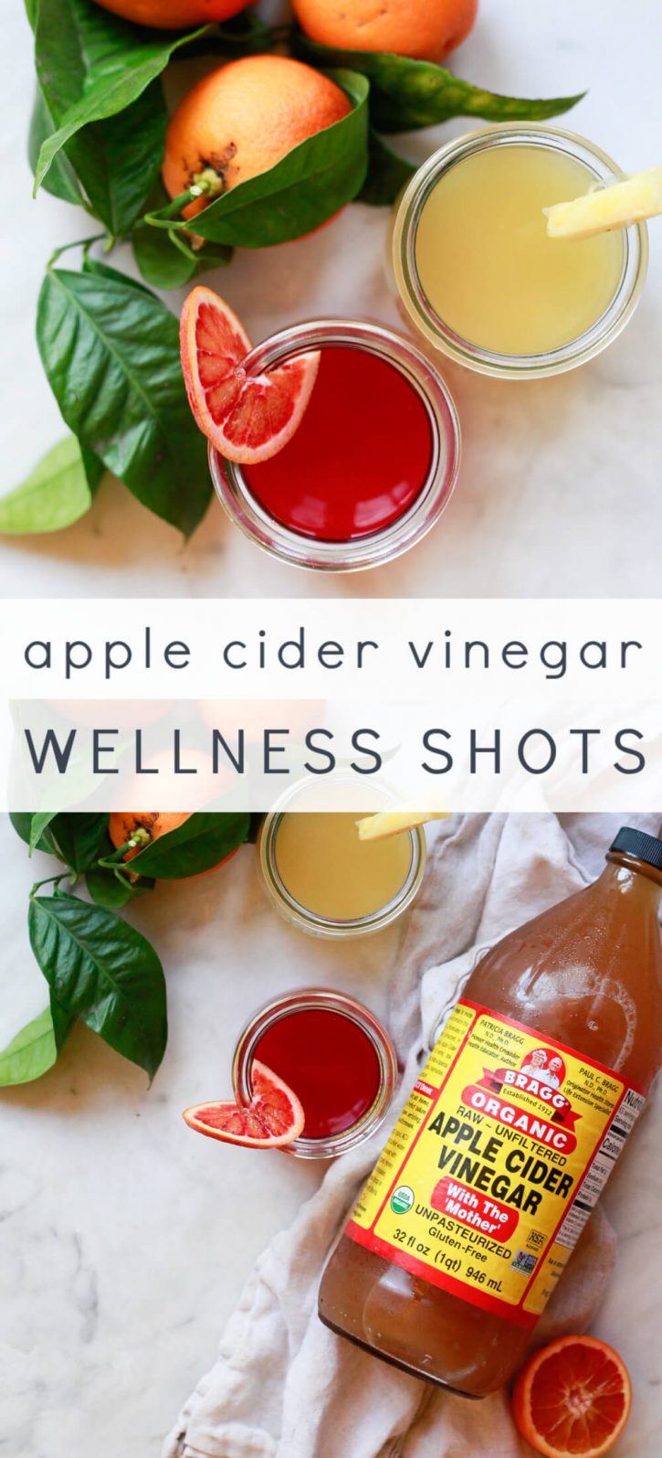 Apple Cider Vinegar Shots recipe and benefits. Enjoy an apple cider vinegar shot a day with these two easy and tasty recipes! Made with Bragg's apple cider vinegar with the mother and fresh juice, these ACV shots are great for natural immune support, detox, wellness, and weight loss*
