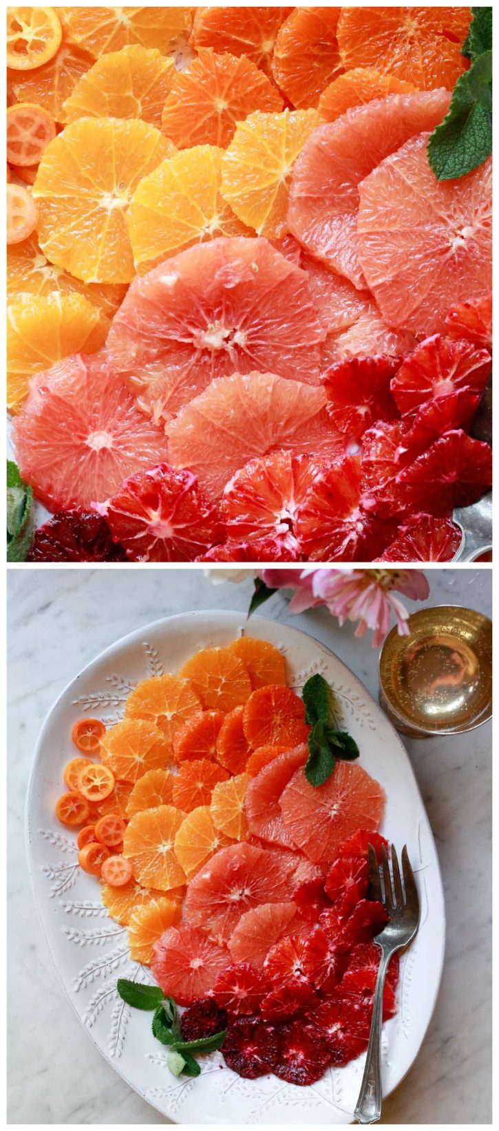 Citrus fruit salad recipe. Orange, blood orange, grapefruit, and kumquat slices arranged in an ombre pattern on an oval serving platter. A beautiful, easy, and healthy brunch or meal prep recipe. 