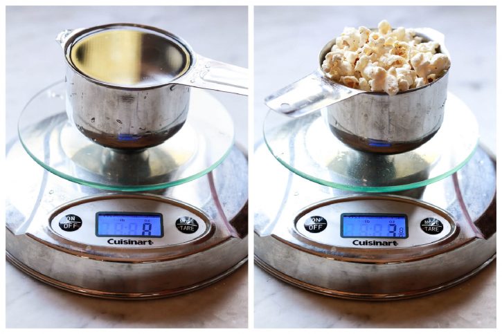 Two side by side images of a measuring cup on a kitchen scale. The first is filled with water and reads 8 oz. The second is filled with popcorn and reads 3 oz. This helps to show that the dry ounces in a cup depends on what is being weighed. 