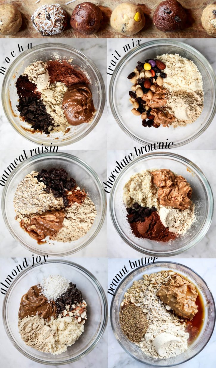 Six bowls filled with the ingredients for no-bake homemade protein balls. Text over each bowl says what flavor is in the bowl: mocha, trail mix, oatmeal raisin, chocolate brownie, almond joy, and peanut butter. Finished power balls can be seen at the top. 