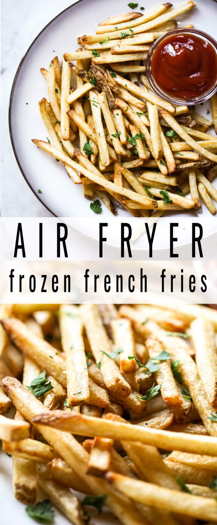 Beautiful photos of crispy golden air fryer frozen french fries on a white plate with ketchup on the side. 