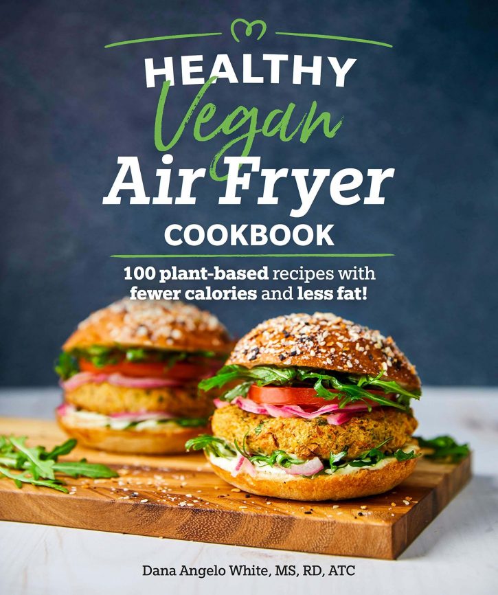 The cover of Healthy Vegan Air Fryer Cookbook which shows two veggie burgers on the front. 