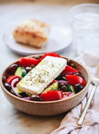 A bowl of authentic traditional Greek salad with feta.