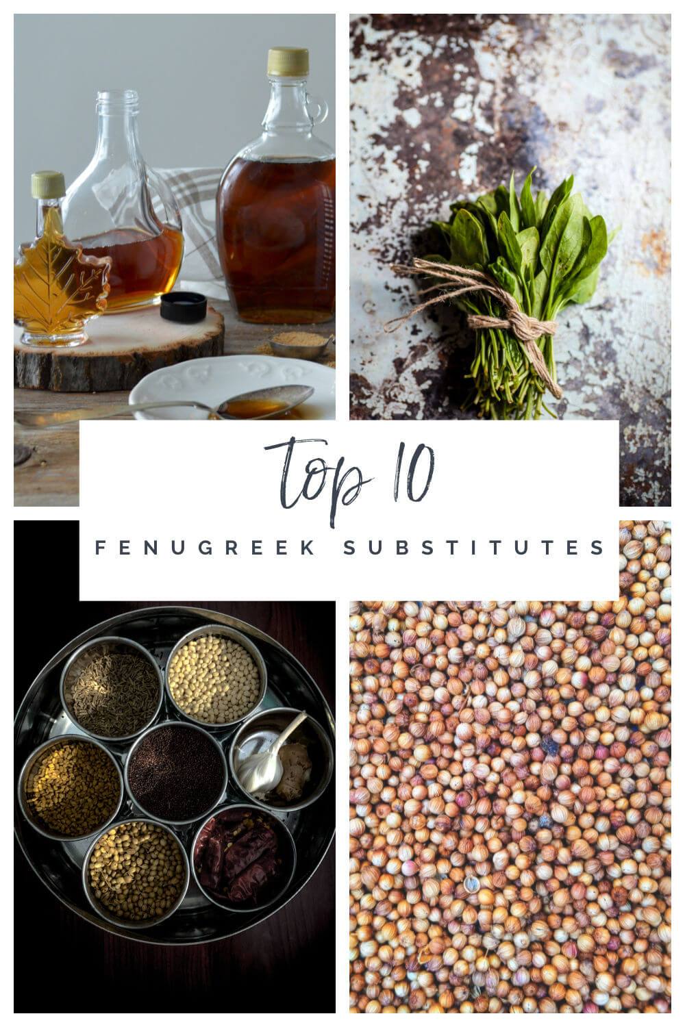A collage of four ingredients that are the best fenugreek substitutes in cooking: maple syrup, spinach, curry powder spices, and mustard seeds. 