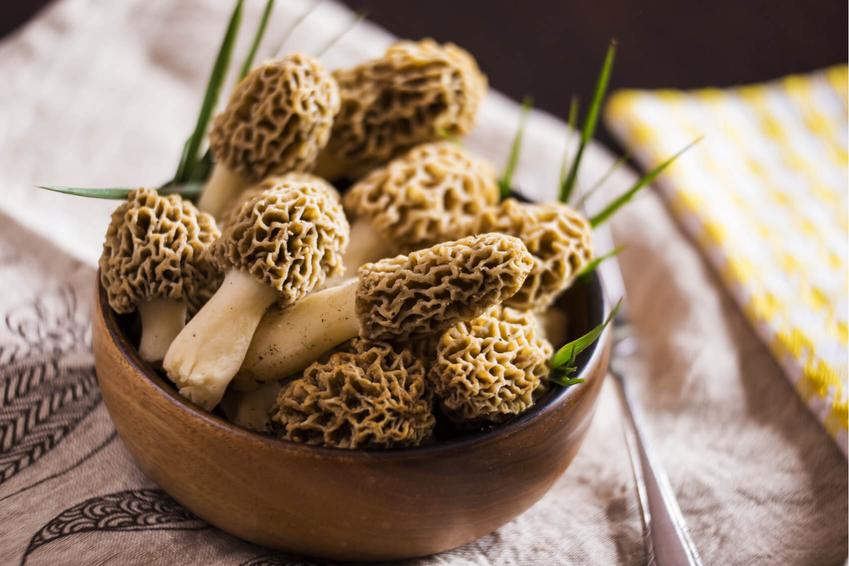 A small wooden bowl filled with fresh morel mushrooms. 