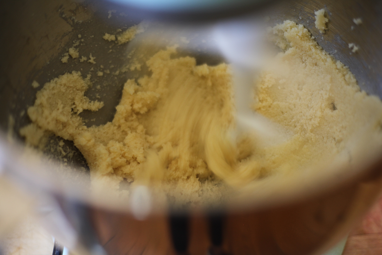 Butter and sugar creamed together in a KitchenAid mixer.