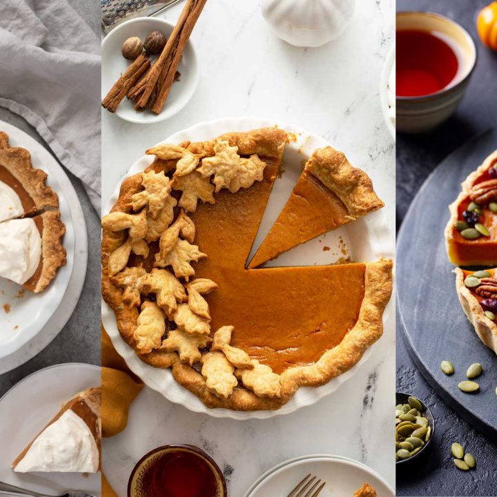 Three beautiful cute pumpkin pies to show pumpkin pie decorations. The first is topped with whipped cream, the second pastry leaves, and the third pecans and pumpkin seeds.