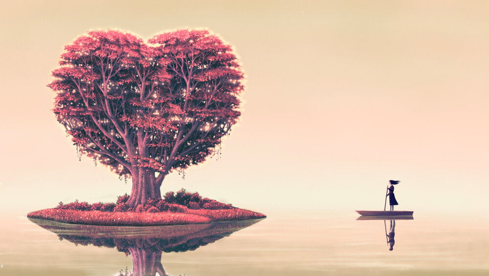 An illustration of a woman standing rowing in a boat to a red heart shaped tree on an island. An image of love. 