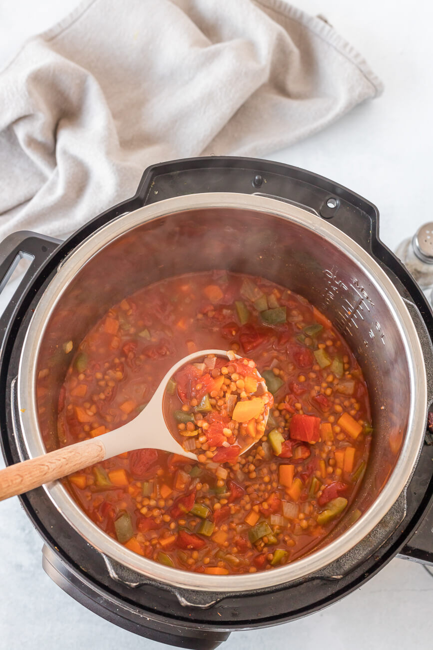 A ladle serves lentil chili out of an instant pot.