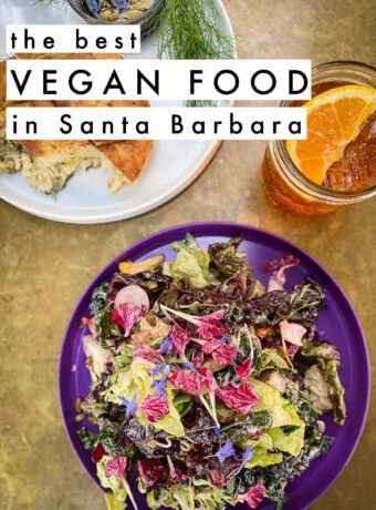 A beautiful salad from a vegan Santa Barbara restaurant. Text overlay reads "the best vegan food in Santa Barbara"