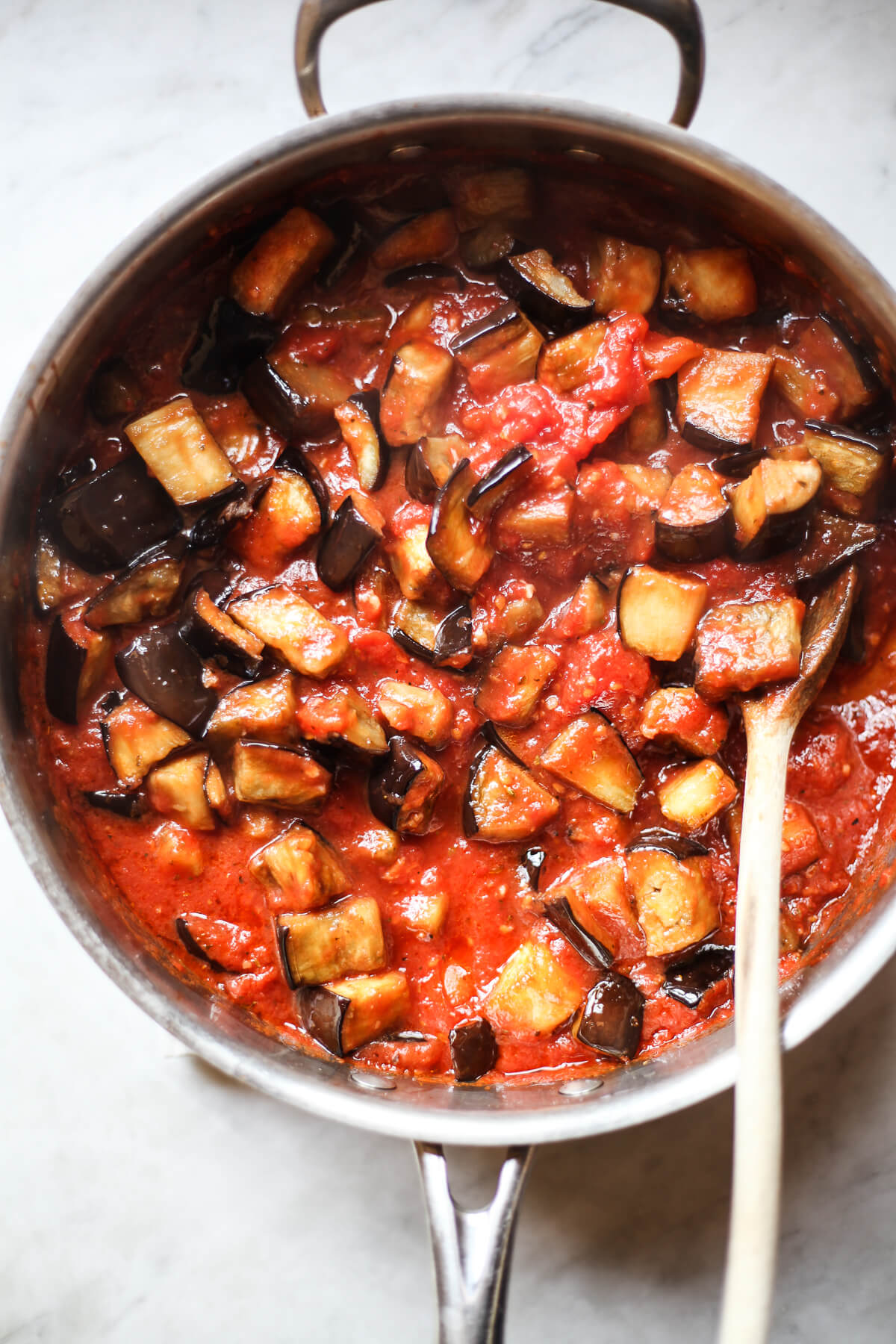 An overhead photo of eggplant ragu in a skillet.