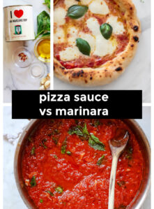 A collage of marinara sauce in a skillet, a Traditional Neapolitan Pizza, and ingredients for both.