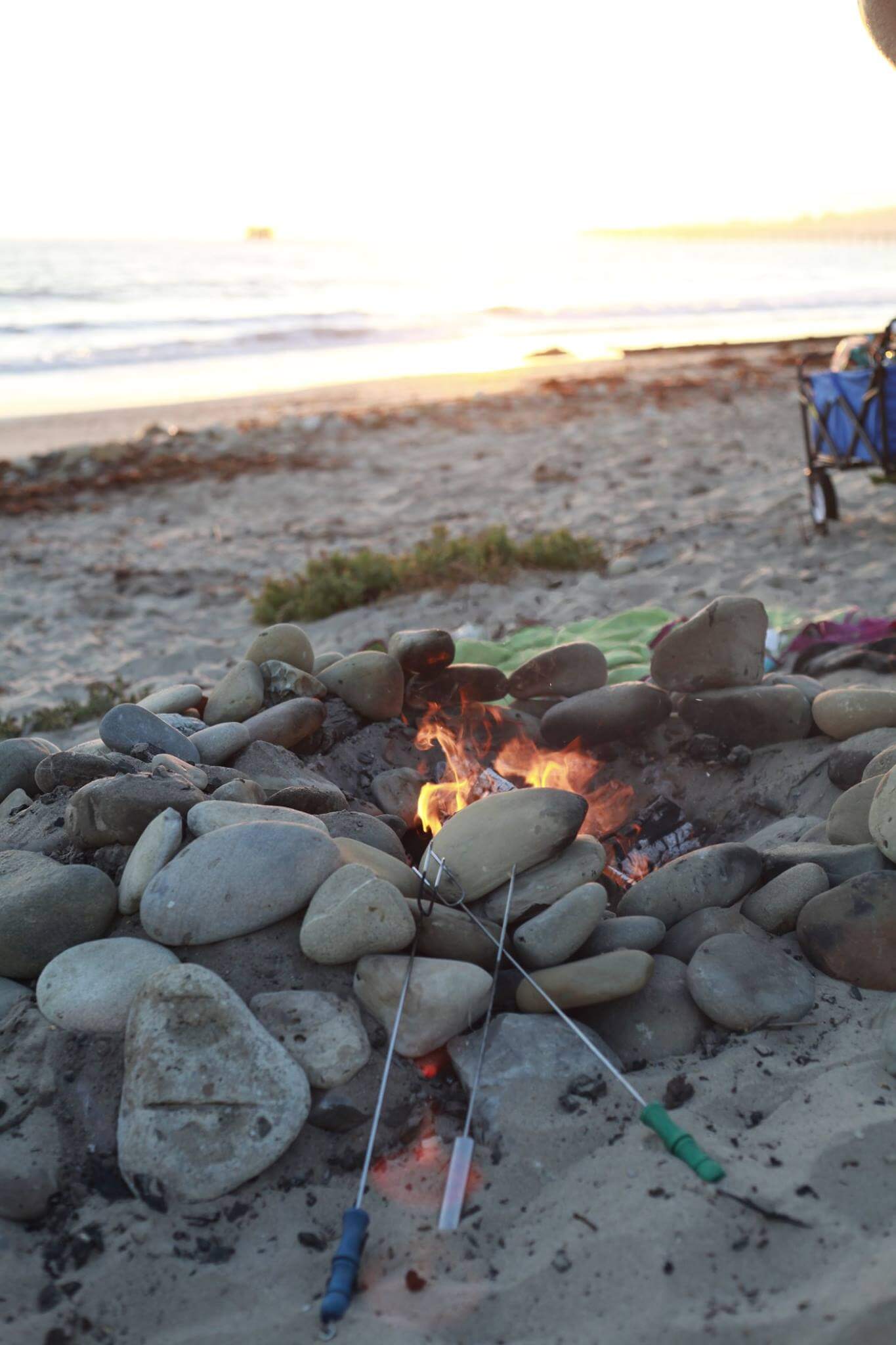 A campfire made out of beach rocks burns on a beach in Santa Barbara. Marshmallow skewers are in front. 