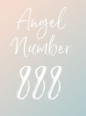 White text reads "angel number 888" over a pastel pink and blue background.