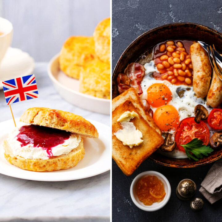 An image of a scone with clotted cream and jam with a British flag next to a Full English Breakfast.