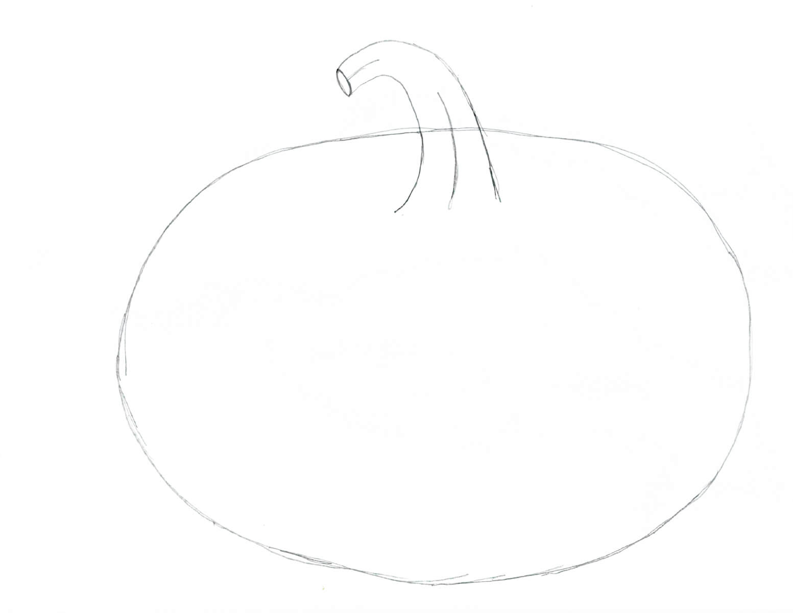 A stem is added to an oval to make an easy pumpkin drawing in pencil.