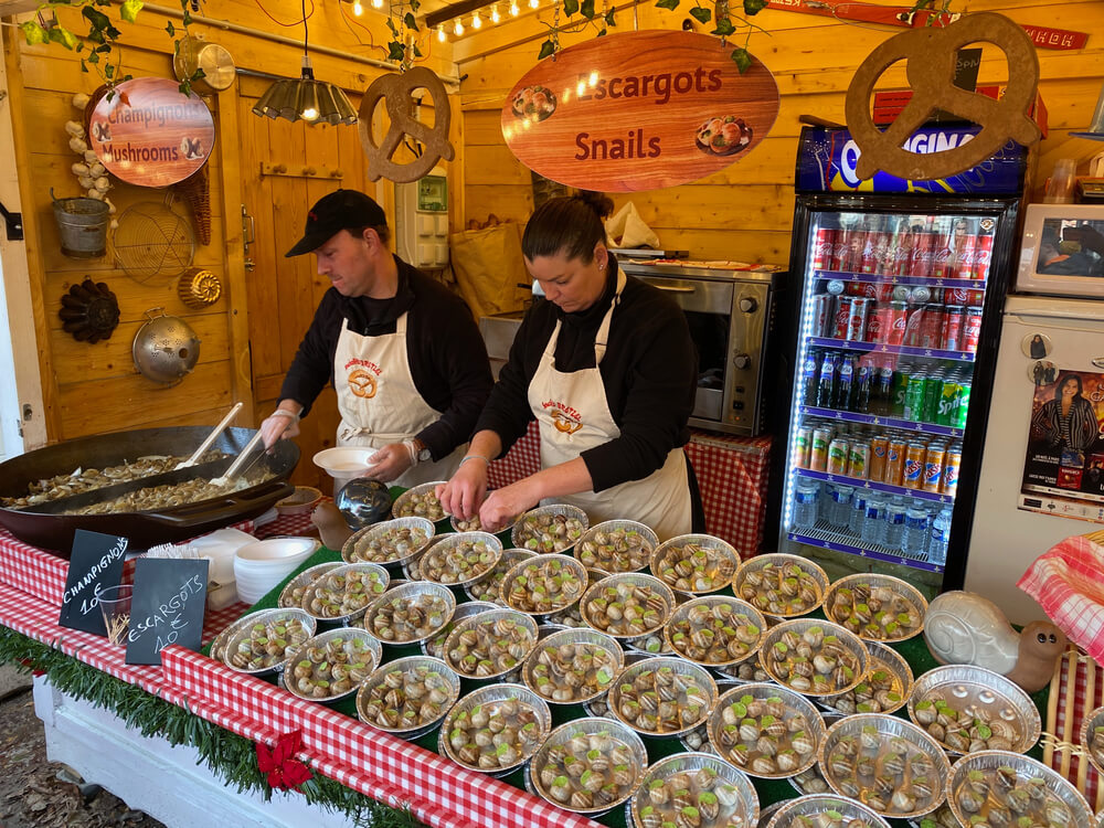 Escargot snails are sold at a market in Paris. 