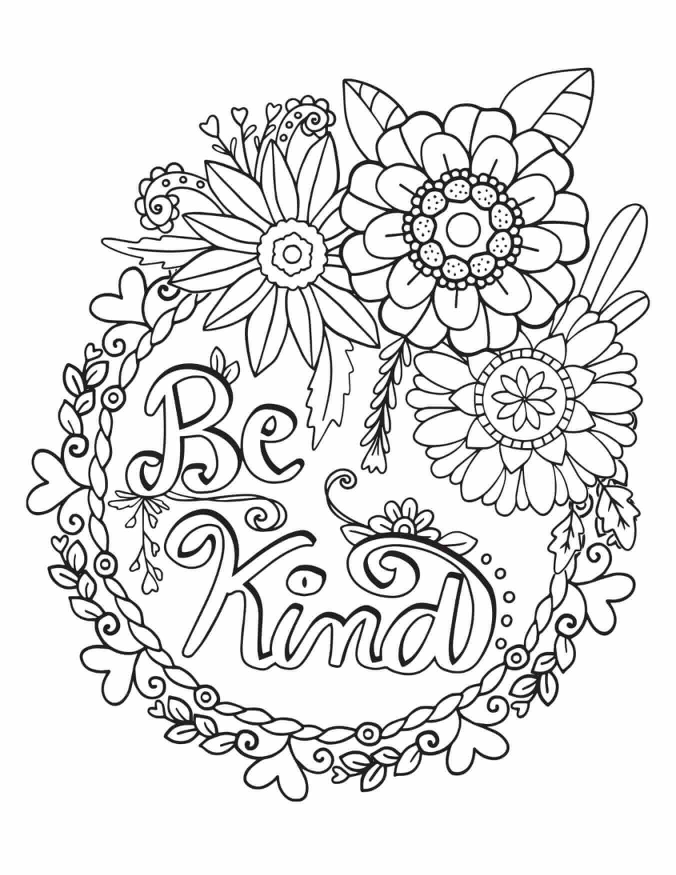 A pretty floral wreath coloring page with the words "be kind" inside in open text. 