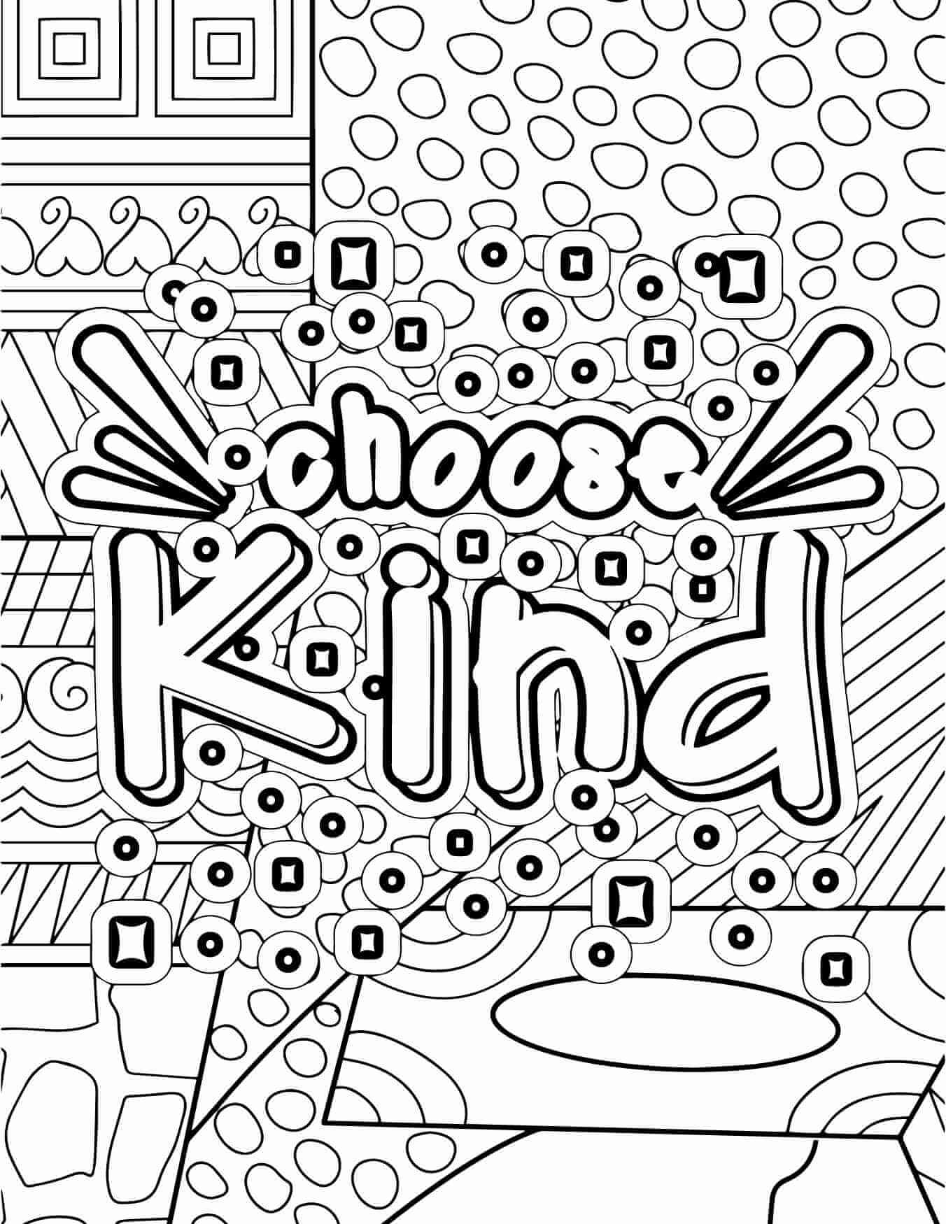 A funky coloring page with geometric shapes in the background and bubble letters that read "choose kind." 