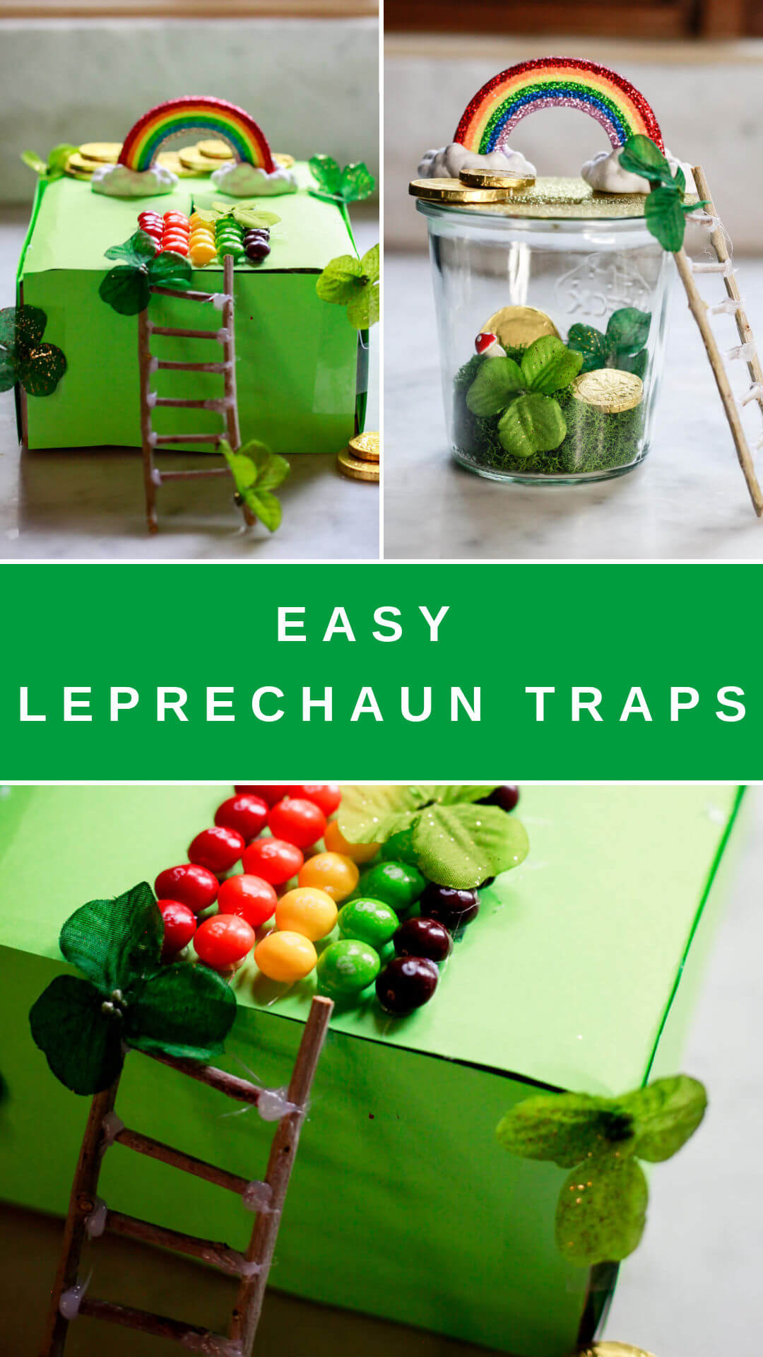 Cute and easy leprechaun trap ideas. A collage of three leprechaun traps (shoe box and mason jar) with text overlay that reads "easy leprechaun traps"