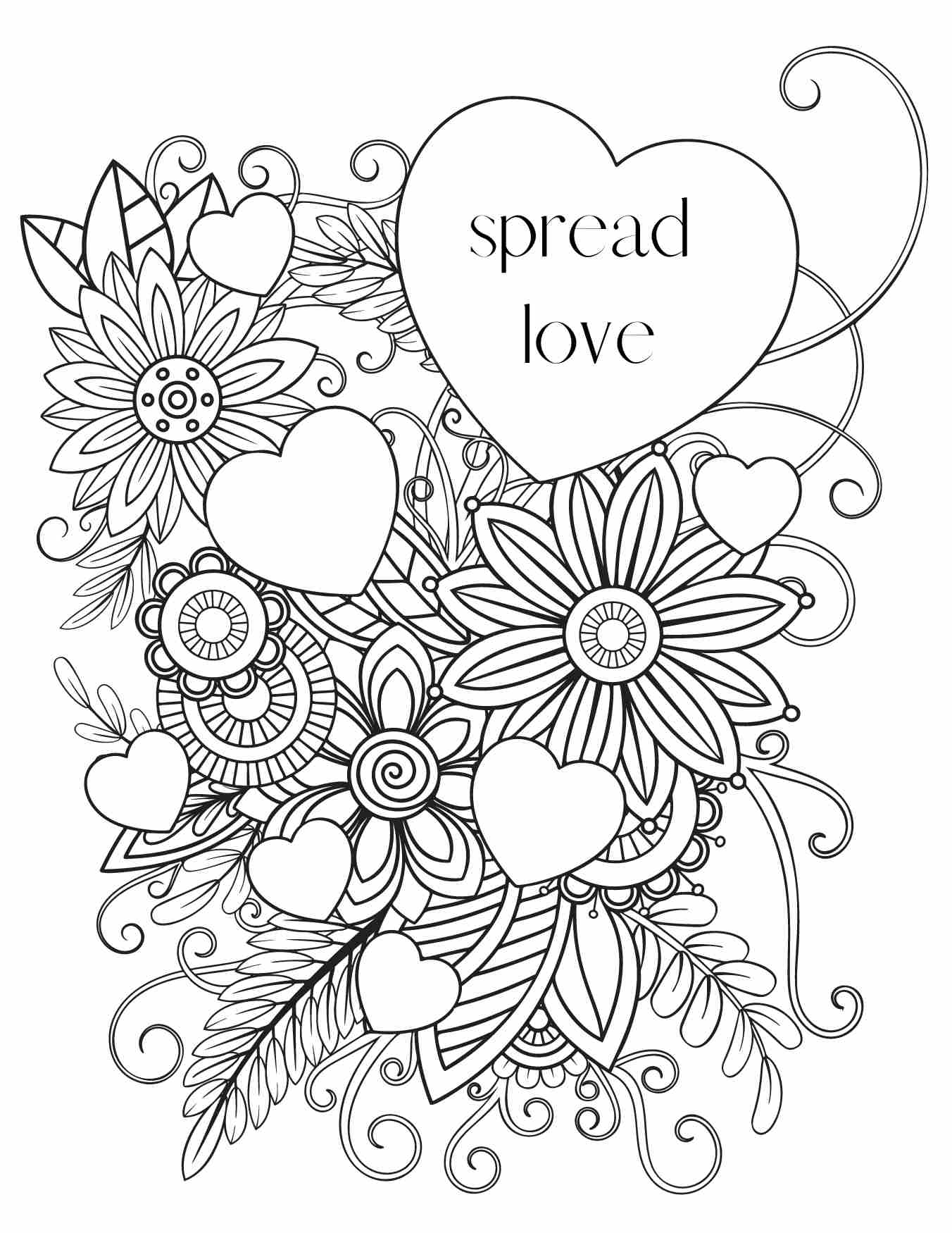 A pretty delicate coloring page design with hearts and abstract flowers. A heart at the top has the words "spread love" inside. 