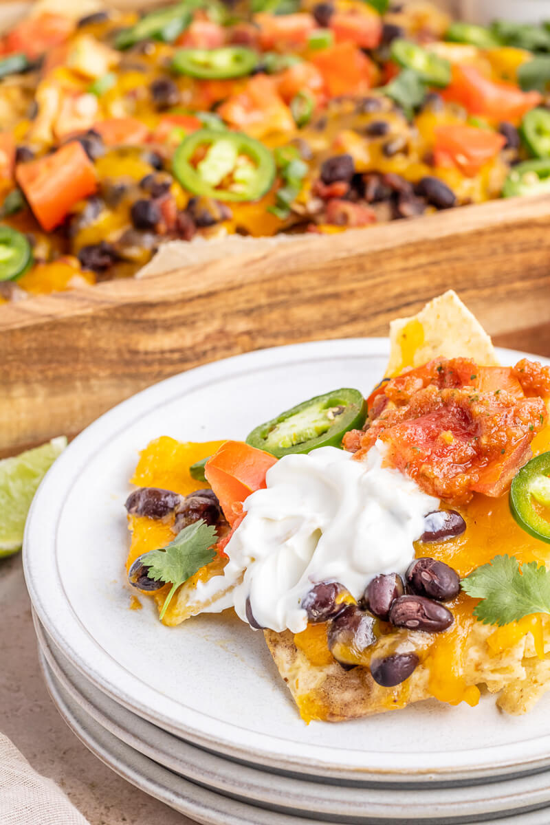 A close-up photo of loaded nachos on a white plate. These vegetarian loaded nachos have black beans, cheese, sour cream, salsa, and cilantro. 