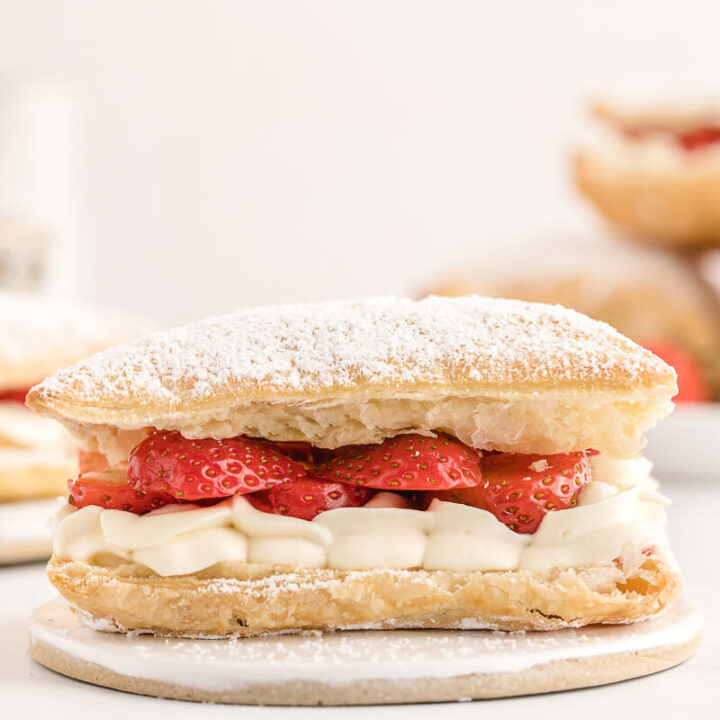A beautiful Napoleon Dessert made with strawberry and puff pastry.