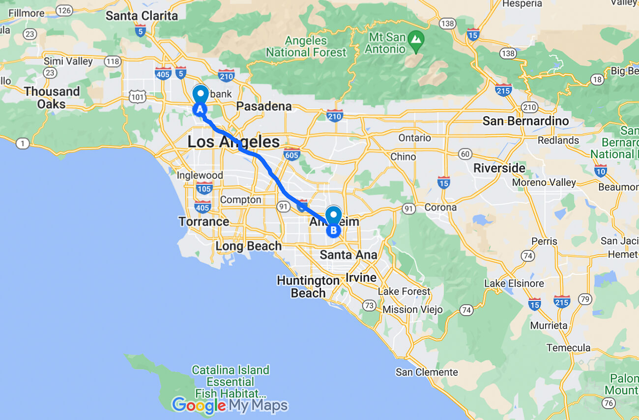 A Google map showing directions and distance between Universal Studios in Hollywood and Disneyland in Anaheim. 