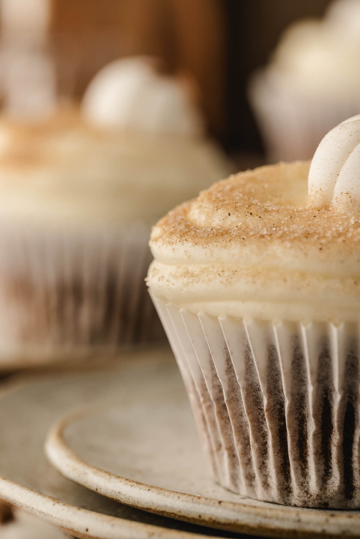 A close-up photo of the side of a pumpkin spice cupcake dusted with cinnamon sugar on a stoneware plate. 