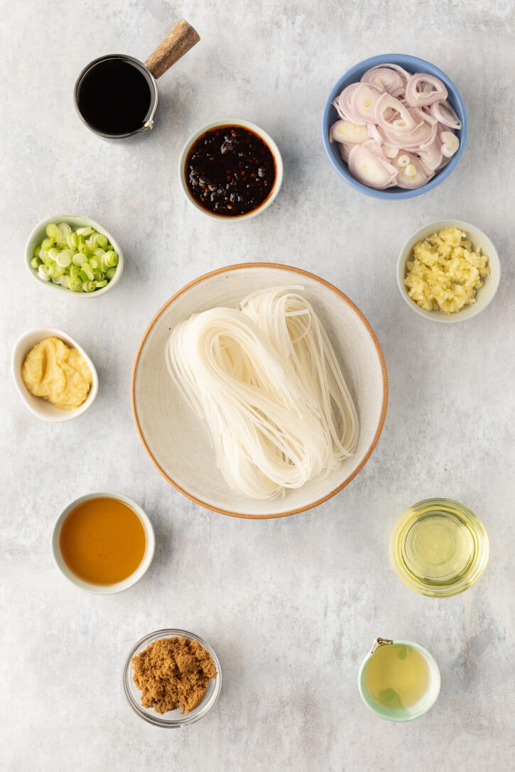 Flat rice noodles surrounded by small bowls of soy sauce, chili garlic sauce, shallots, garlic, ginger, sesame oil, rice vinegar, brown sugar, avocado oil, and green onions on a light surface.