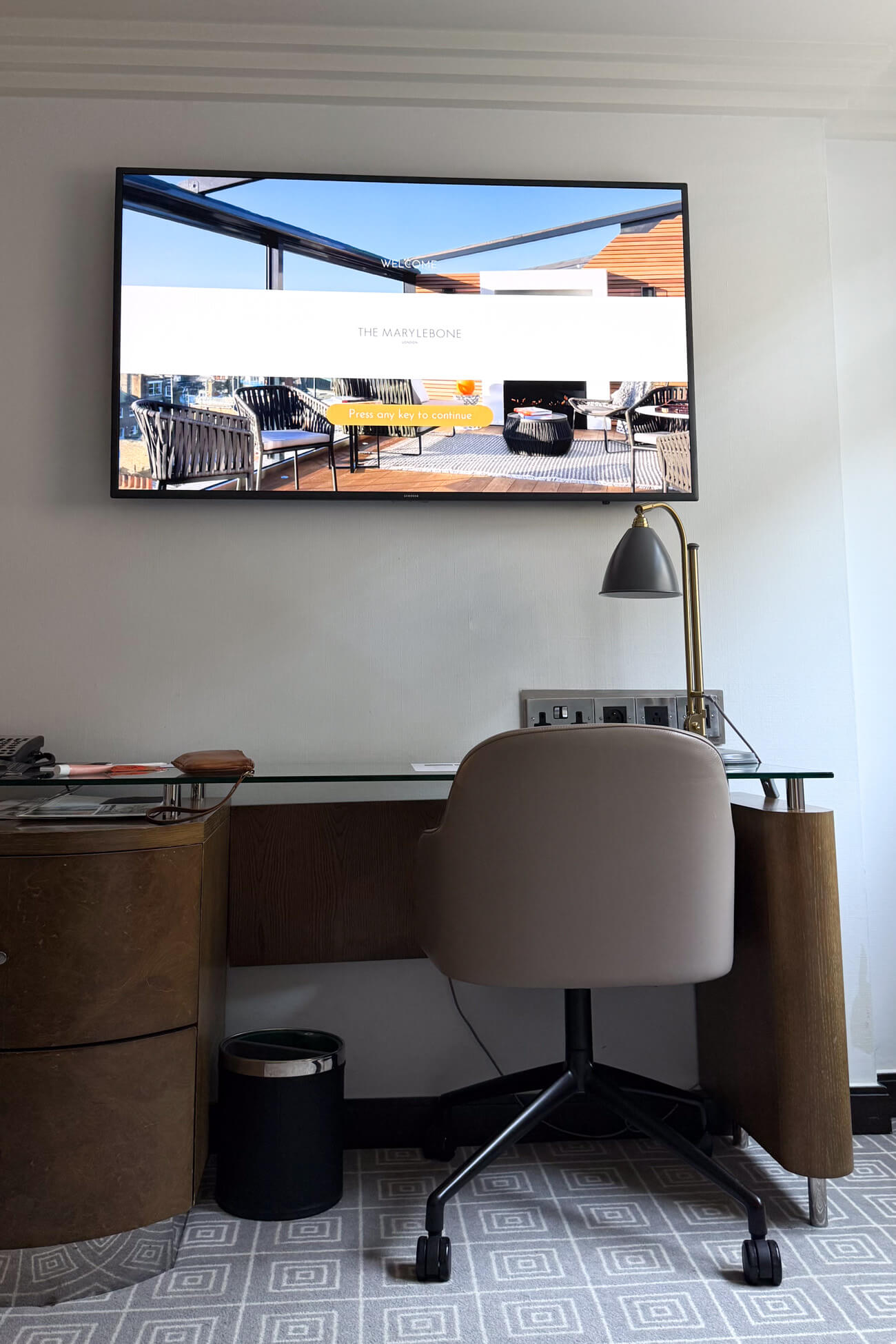 The desk and TV in a studio suite at the Marylebone in London. 