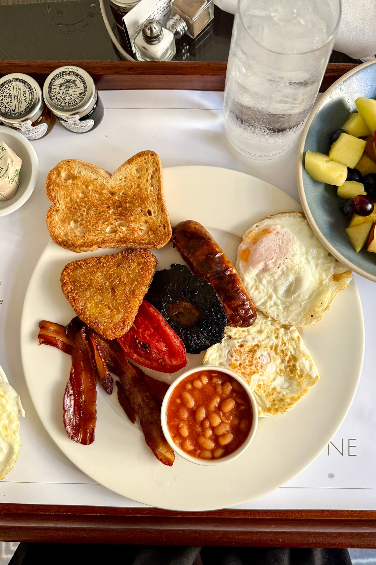 English breakfast served on a tray from the Marylebone Hotel room service. 