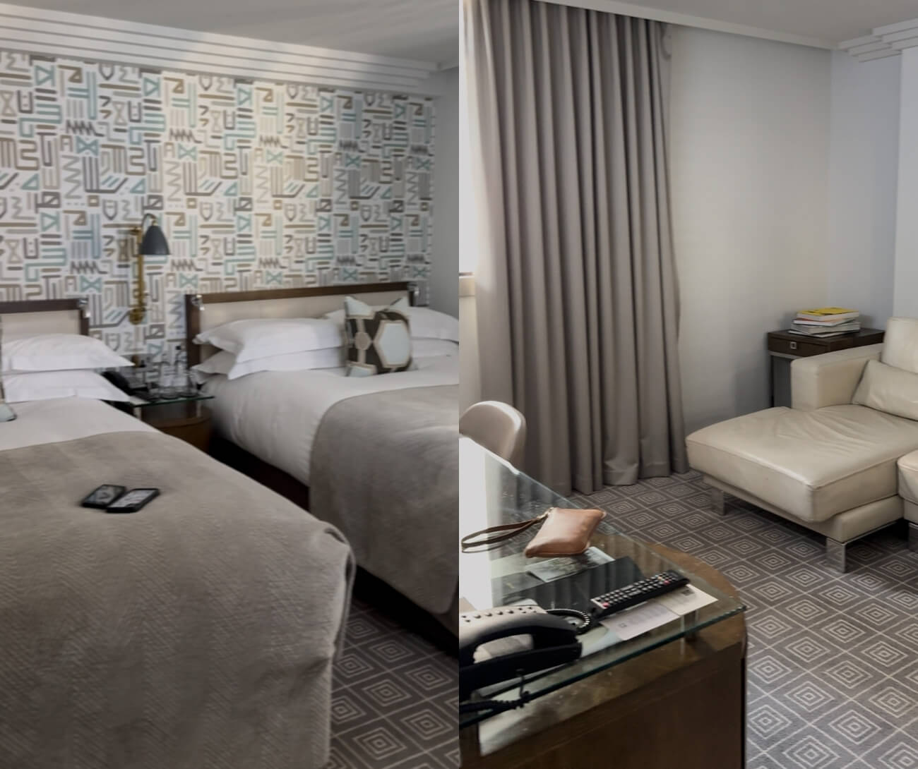 A look inside the studio suite with two beds at the Marylebone hotel. On the right, the living area with tan leather sofa and desk, on the left, two beds. 