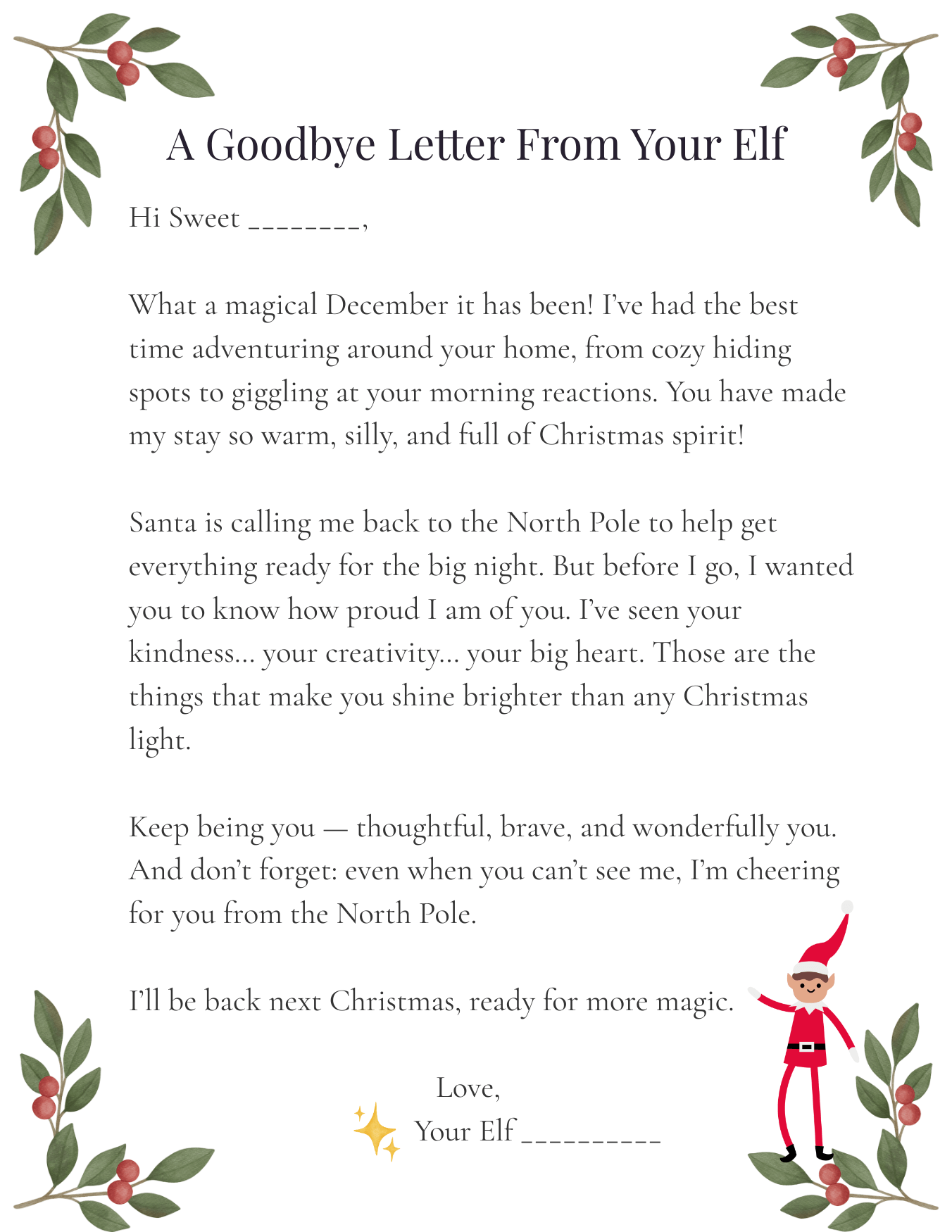 Printable Elf on the Shelf goodbye letter with a sweet heartfelt message, holly and berry illustrations, and a small elf graphic at the bottom.