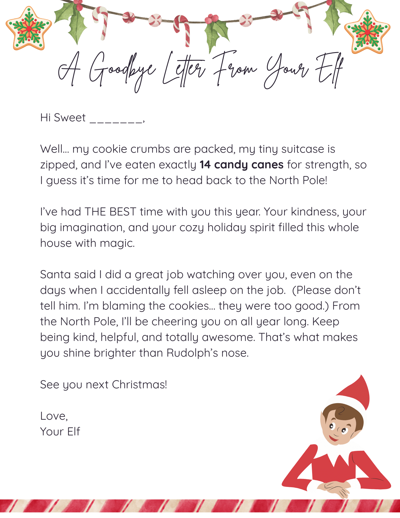 Printable silly Elf on the Shelf goodbye letter with candy cane border, playful holiday message, and a smiling elf illustration.