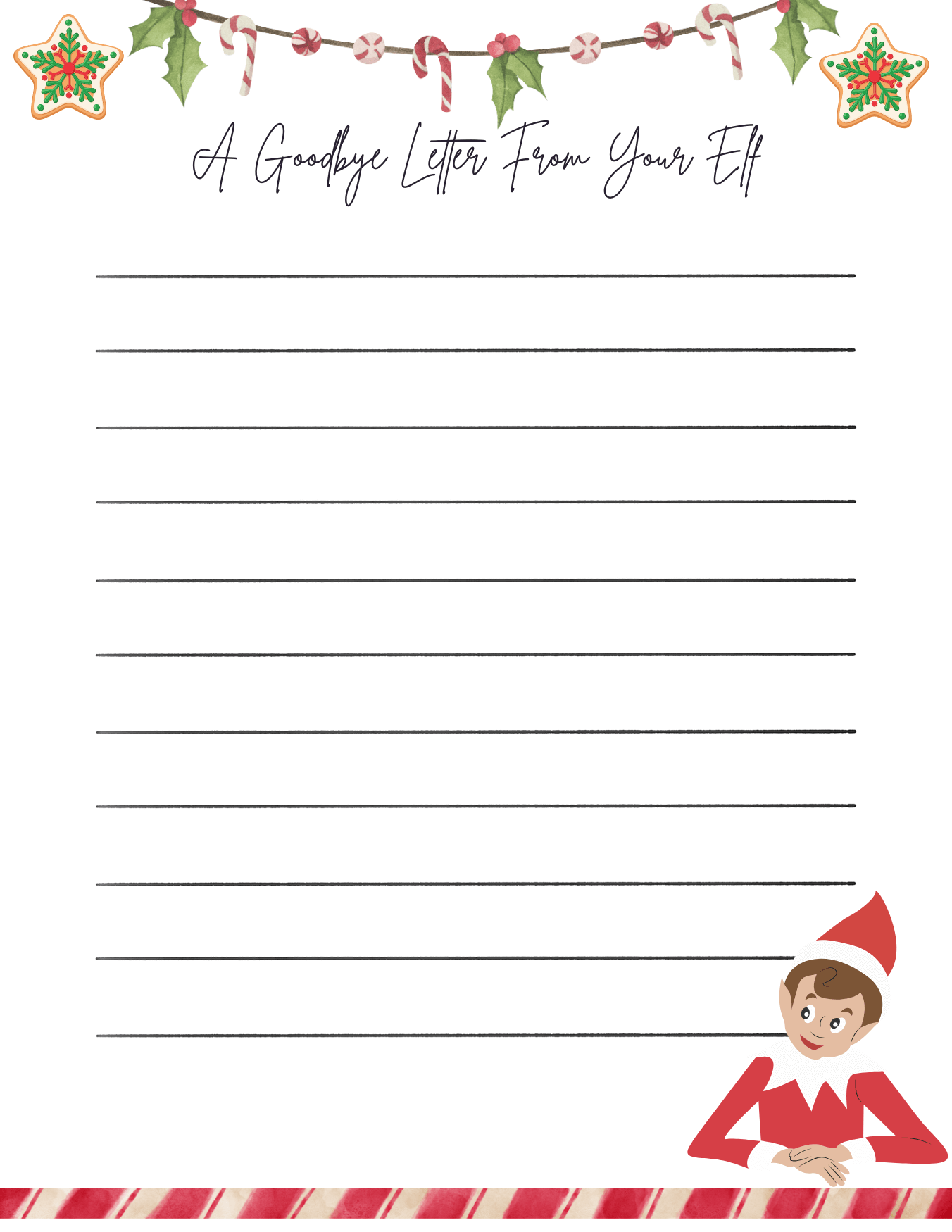 Printable Elf on the Shelf goodbye letter template with lined page, holiday garland, and a cute elf illustration.
