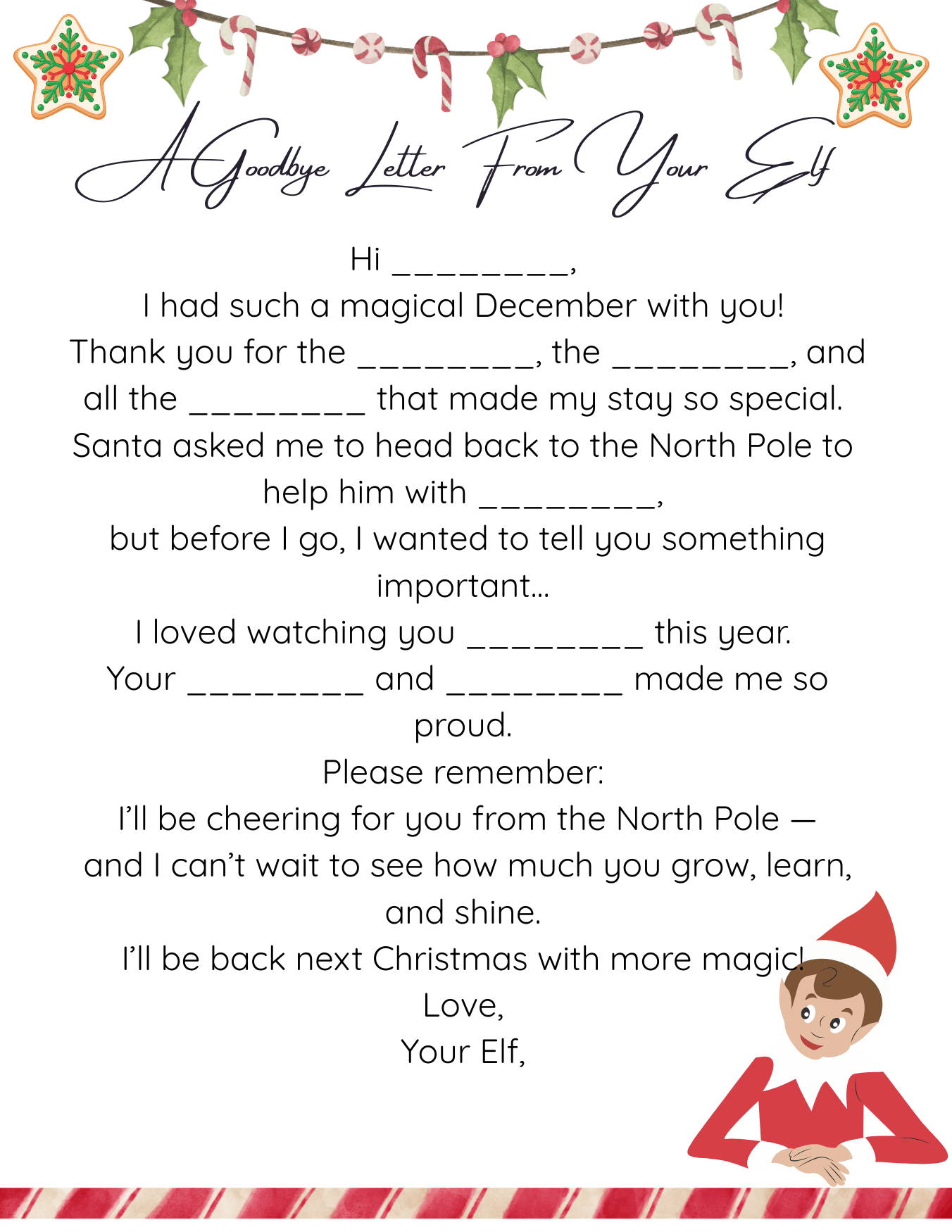 Printable fill-in-the-blank Elf on the Shelf goodbye letter with holiday garland, blank spaces for personalization, and a cute elf illustration.