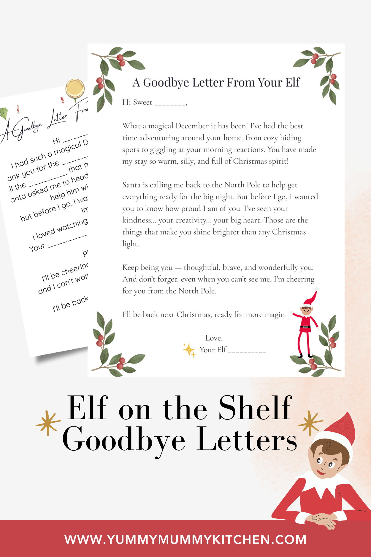 A set of printable Elf on the Shelf goodbye letters displayed on a holiday-themed background, featuring different cute and festive designs that parents can download and print for their child.