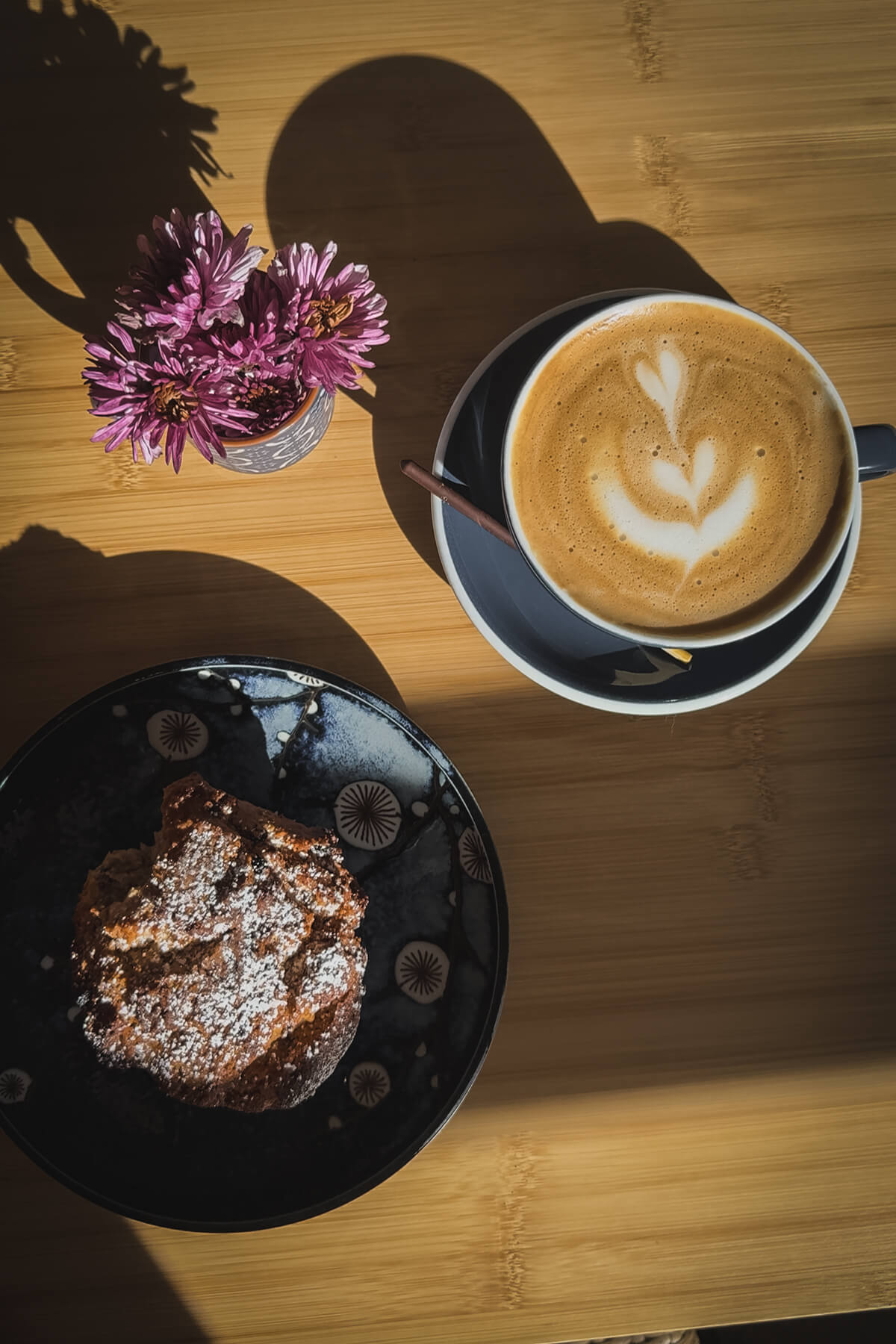 Yokoso Coffee Los Osos A latte and a gluten-free blueberry muffin on the table at Yokoso Coffee in Los Osos, CA.