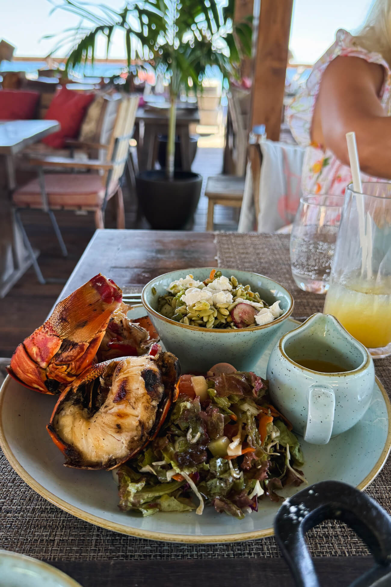 Food at Basil's Bar Mustique Lunch at Basil's Bar: a plate filled with a green salad, orzo salad, and grilled lobster.