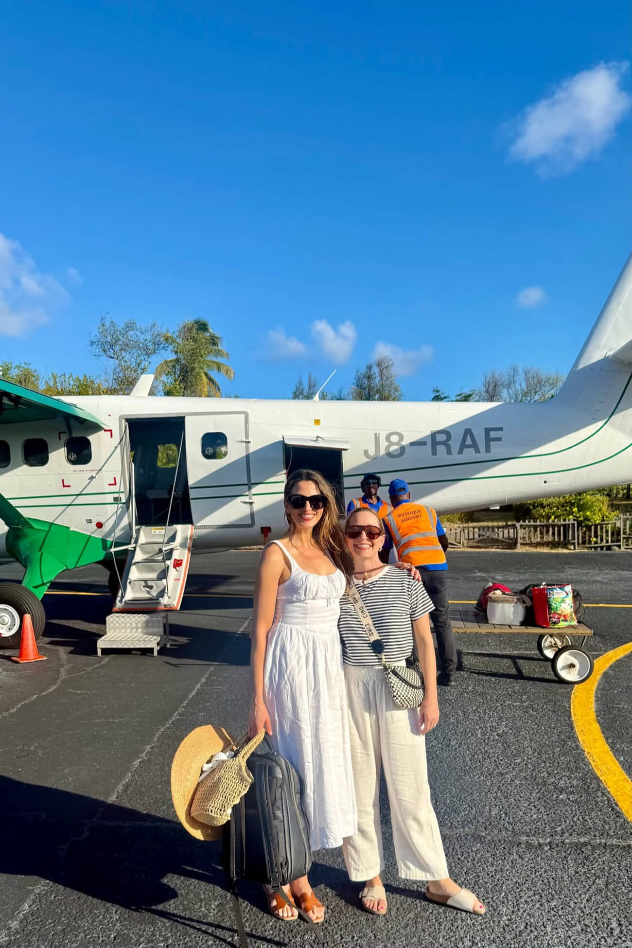 Arriving on Mustique Island - Air Adelphi Marina Delio and Victoria arriving in Mustique on an Air Adelphi flight from Barbados.