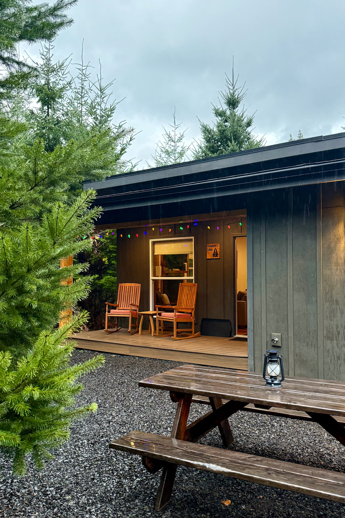 Backwoods Cabins in Carson, Washington Backwoods Cabins in Carson, Washington, surrounded by evergreen trees on a rainy day.