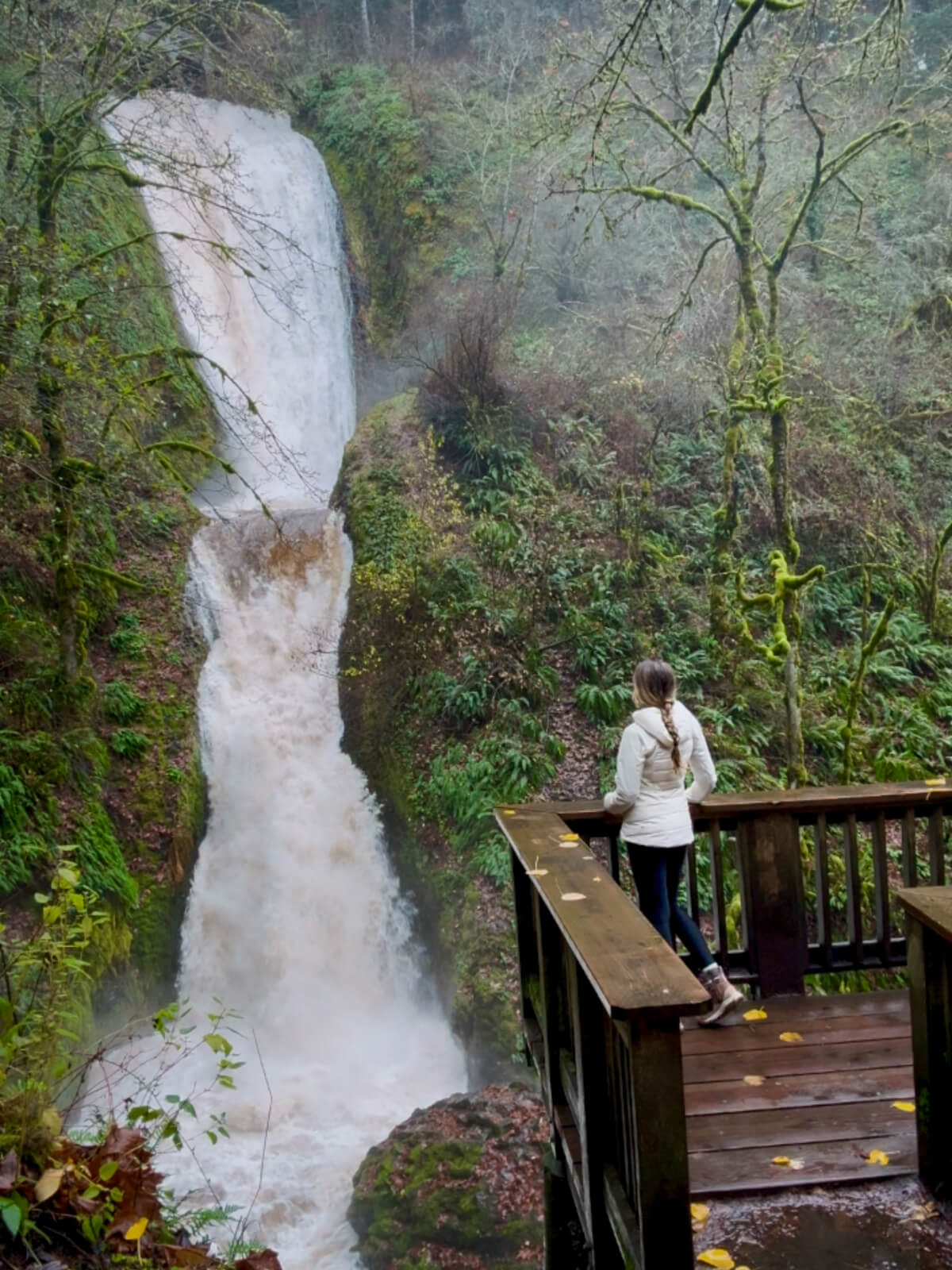 Bridal Veil Falls Marina Delio overlooking Bridal Veil Falls in the Columbia River Gorge on a rainy day.