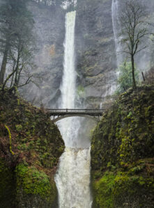 A view of Multnomah Falls and Benson Bridge on the Columbia River Gorge in Oregon.